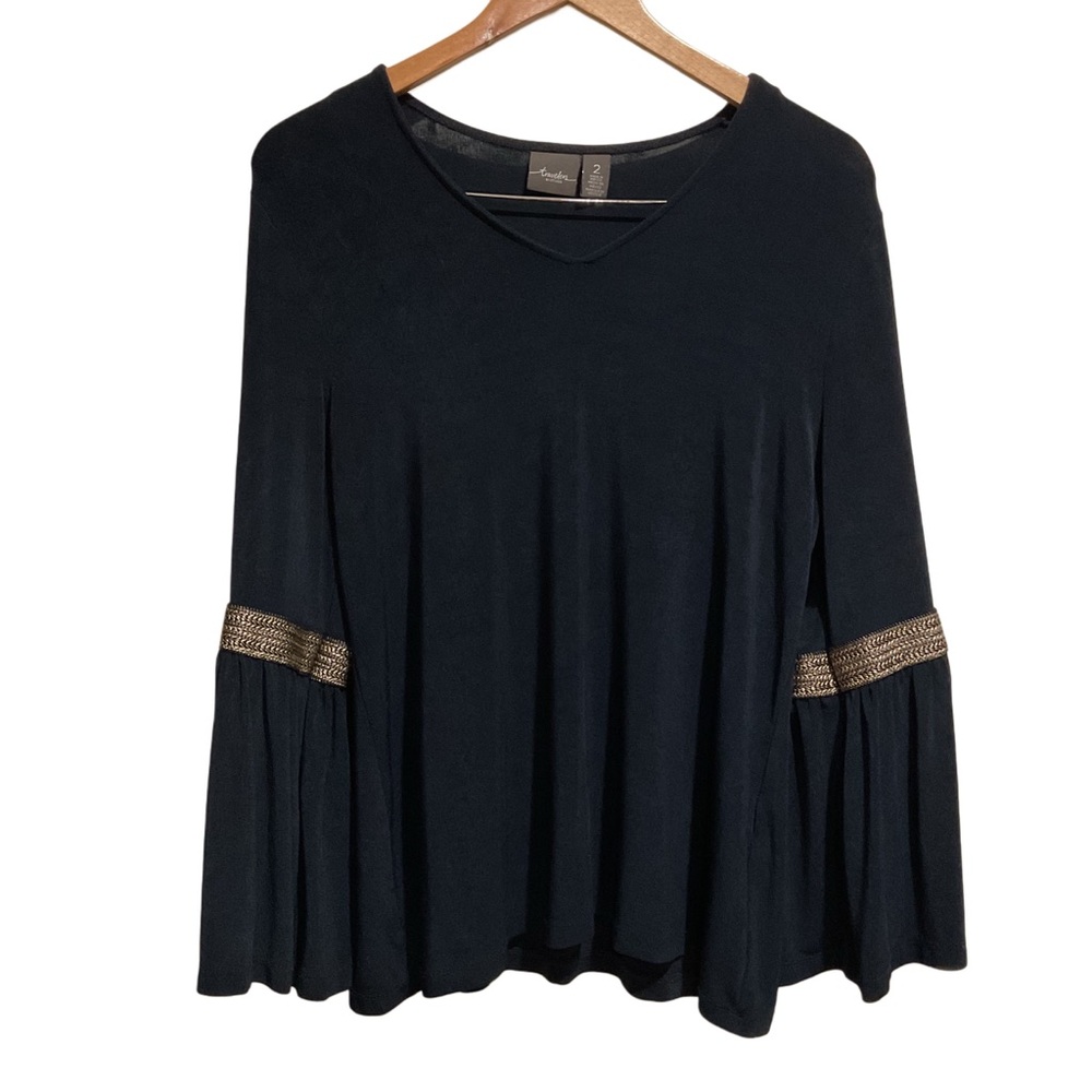Chico’s Travelers‎ Braided Sleeve Top Blue Bell Sleeves